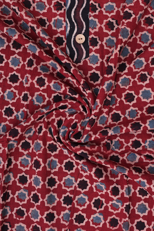 Split Neck Printed Design Red Cotton Long Kurta