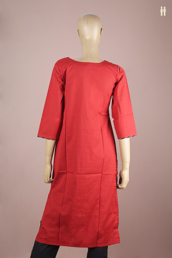 Split Neck Printed Design Red Cotton Long Kurta