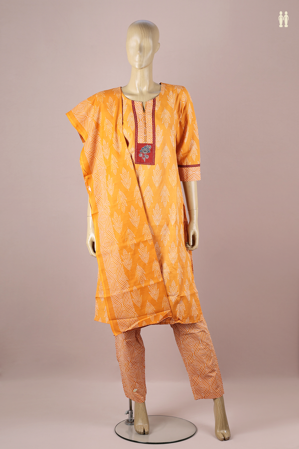 Split Neck Printed Design Orange Cotton Salwar Set