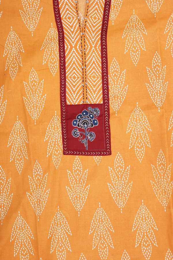 Split Neck Printed Design Orange Cotton Salwar Set