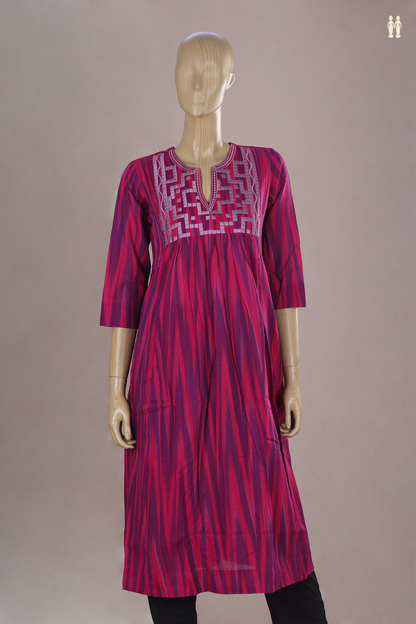 Split Neck Stripes Design Pink And Purple Cotton Long Kurta
