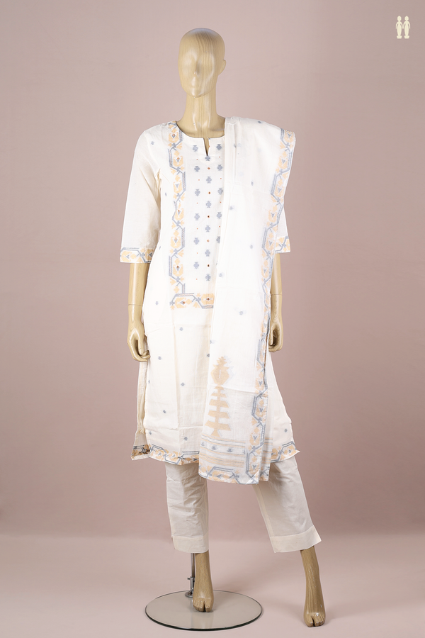 Split Neck Threadwork Buttas White Cotton Salwar Set