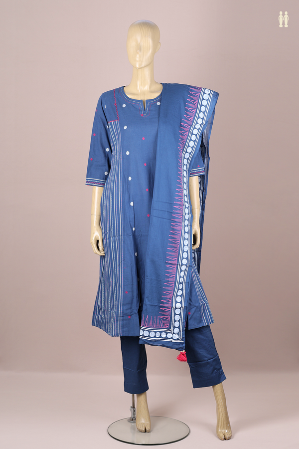 Split Neck Threadwork Buttas Berry Blue Cotton Salwar Set