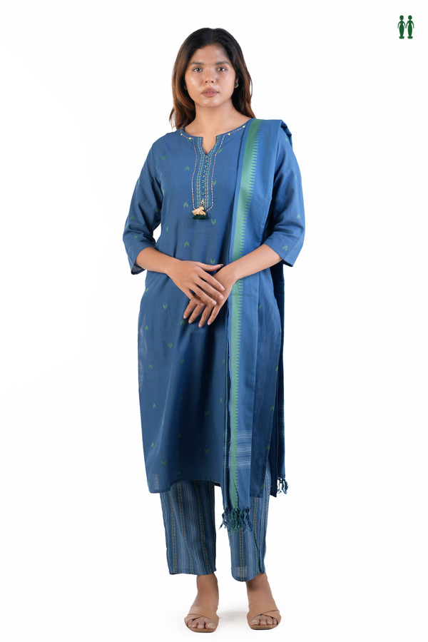Split Neck Threadwork Buttas Blue Cotton Salwar Set