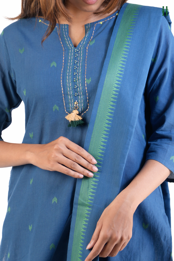 Split Neck Threadwork Buttas Blue Cotton Salwar Set