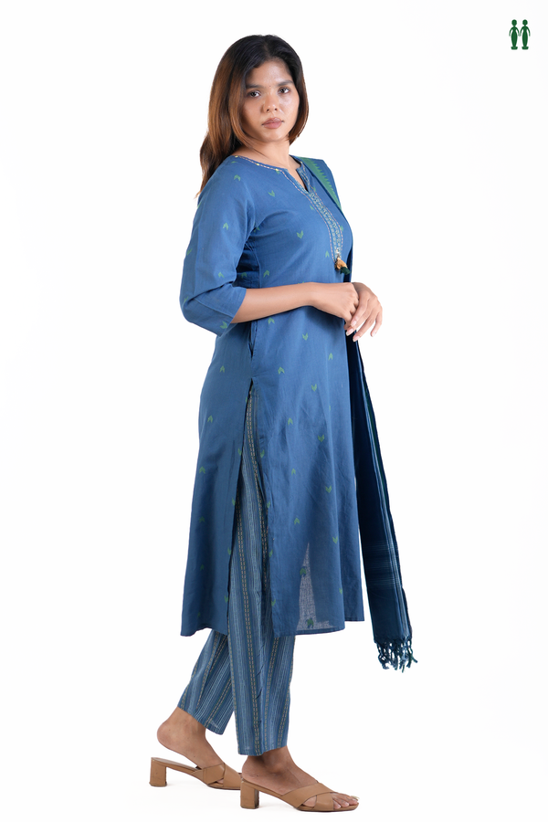 Split Neck Threadwork Buttas Blue Cotton Salwar Set