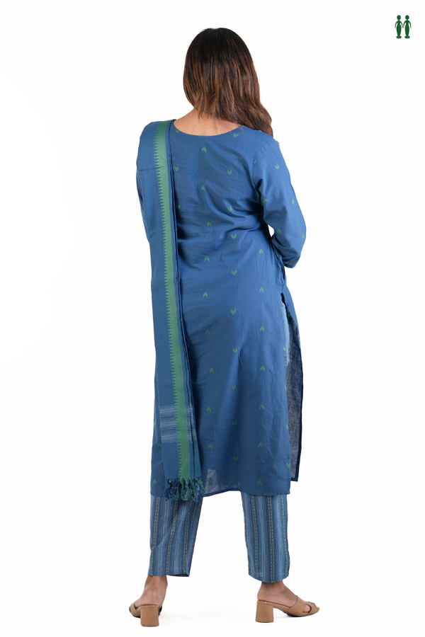 Split Neck Threadwork Buttas Blue Cotton Salwar Set