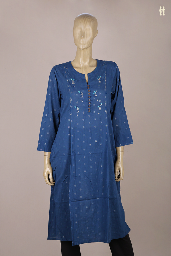Split Neck Threadwork Buttas Capri Blue Cotton Long Kurta