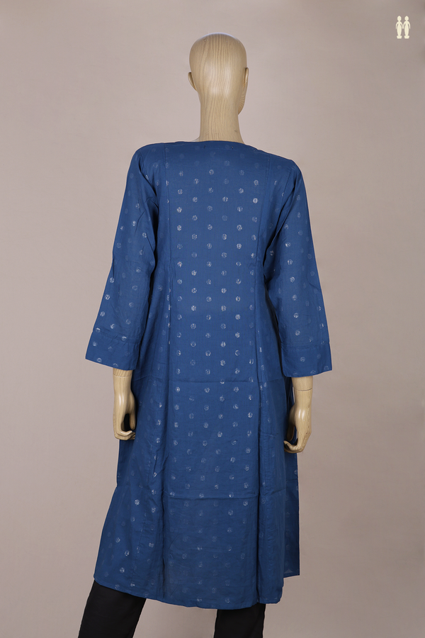 Split Neck Threadwork Buttas Capri Blue Cotton Long Kurta