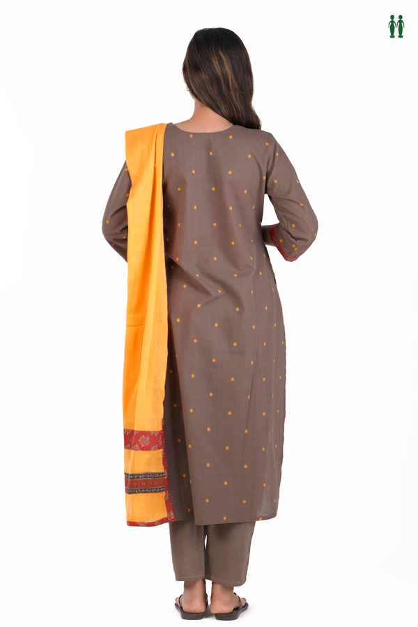 Split Neck Threadwork Buttas Cedar Brown Cotton Salwar Set