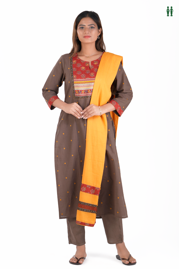 Split Neck Threadwork Buttas Cedar Brown Cotton Salwar Set