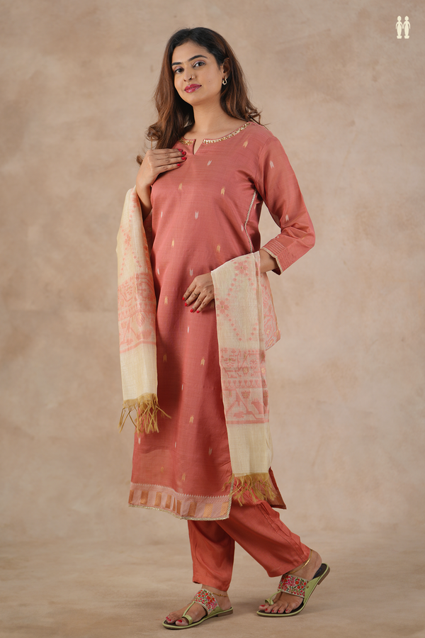 Split Neck Threadwork Buttas Dusty Red Silk Cotton Salwar Set