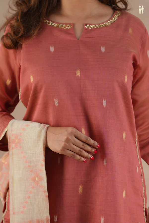 Split Neck Threadwork Buttas Dusty Red Silk Cotton Salwar Set