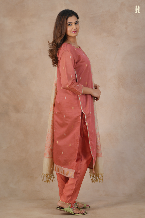 Split Neck Threadwork Buttas Dusty Red Silk Cotton Salwar Set