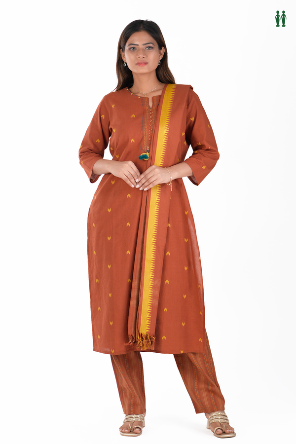 Split Neck Threadwork Buttas Saddle Brown Cotton Salwar Set