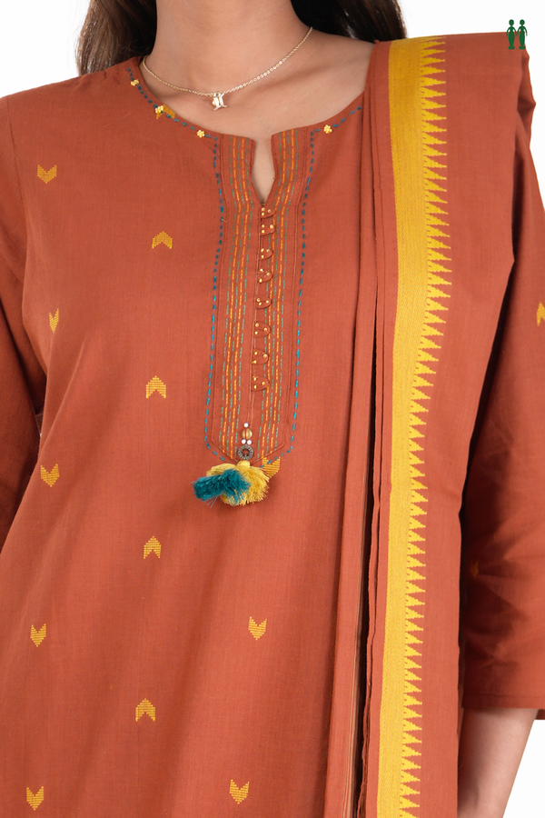 Split Neck Threadwork Buttas Saddle Brown Cotton Salwar Set