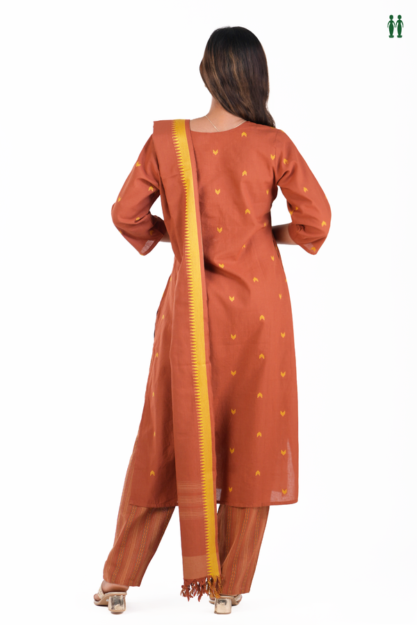 Split Neck Threadwork Buttas Saddle Brown Cotton Salwar Set