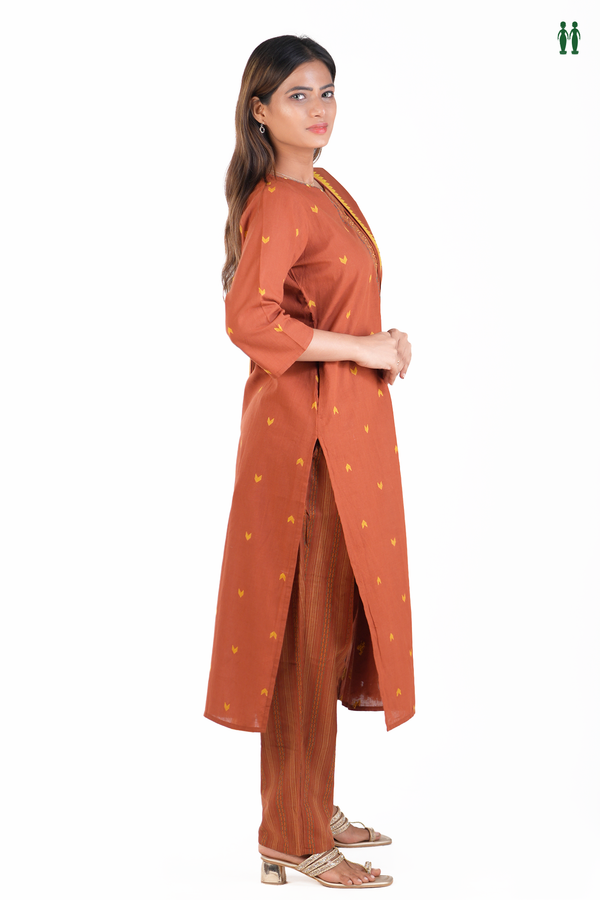 Split Neck Threadwork Buttas Saddle Brown Cotton Salwar Set