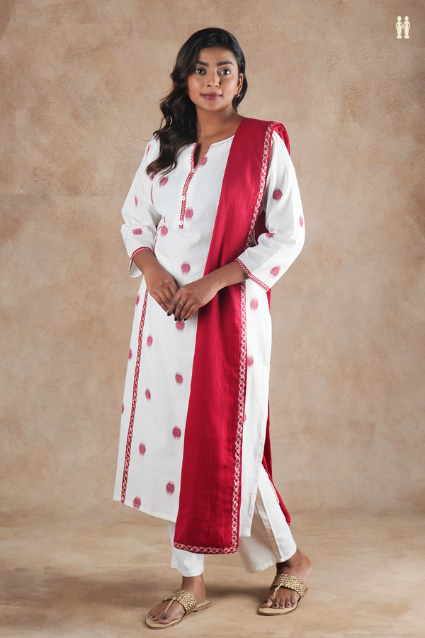 Split Neck Threadwork Buttas White Cotton Salwar Set