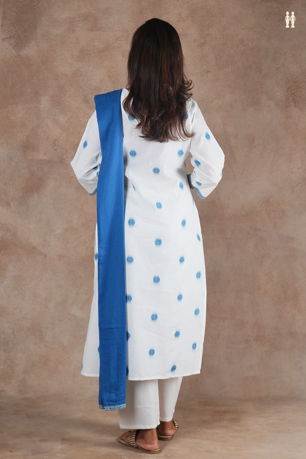 Split Neck Threadwork Buttas White Cotton Salwar Set