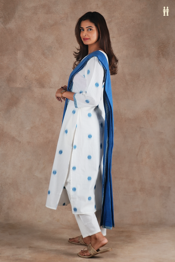 Split Neck Threadwork Buttas White Cotton Salwar Set