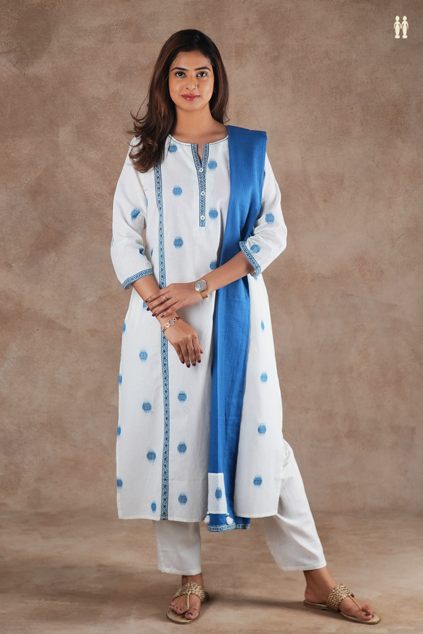 Split Neck Threadwork Buttas White Cotton Salwar Set