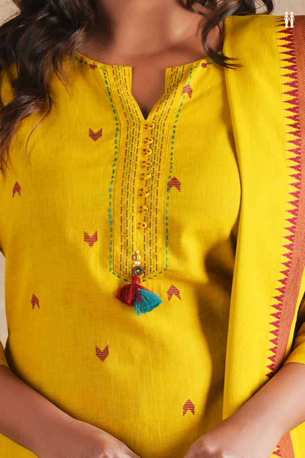 Split Neck Threadwork Buttas Yellow Cotton Salwar Set