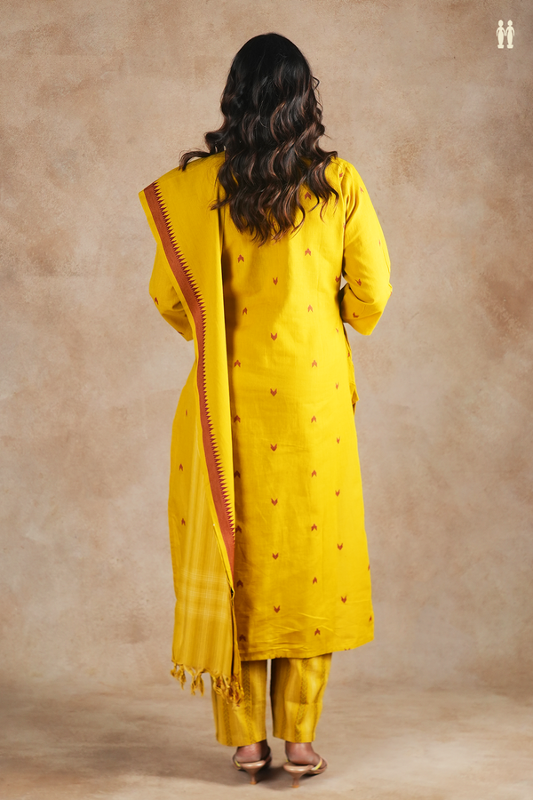 Split Neck Threadwork Buttas Yellow Cotton Salwar Set