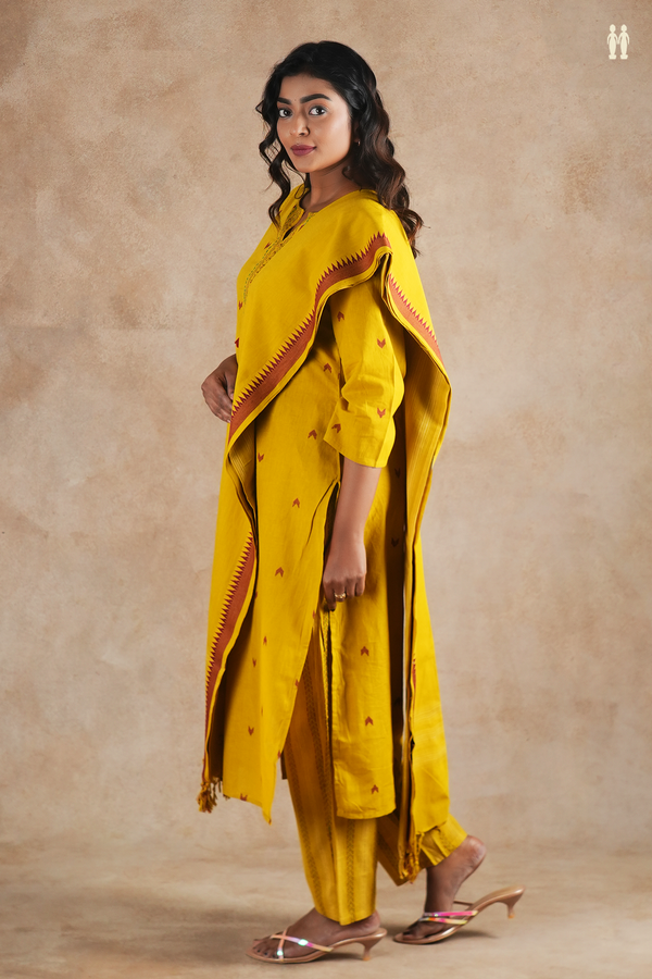 Split Neck Threadwork Buttas Yellow Cotton Salwar Set