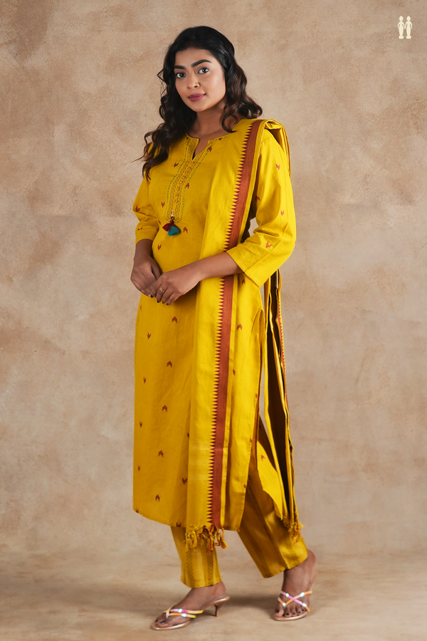 Split Neck Threadwork Buttas Yellow Cotton Salwar Set