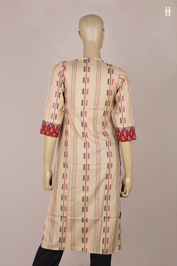 Split Neck Threadwork Design Brown Cotton Long Kurta