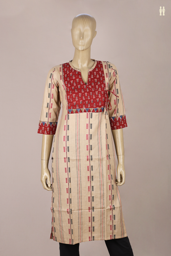 Split Neck Threadwork Design Brown Cotton Long Kurta