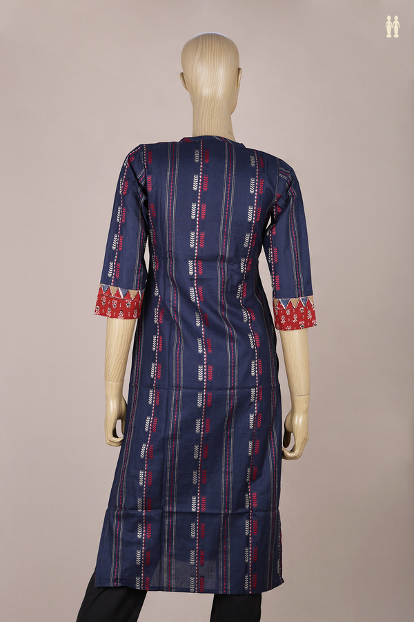 Split Neck Threadwork Design Oxford Blue Cotton Long Kurta