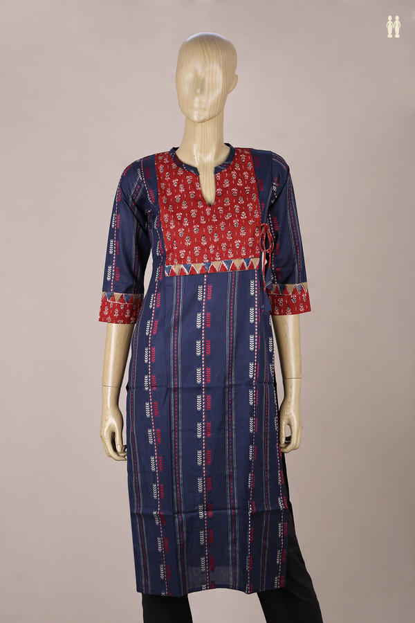 Split Neck Threadwork Design Oxford Blue Cotton Long Kurta