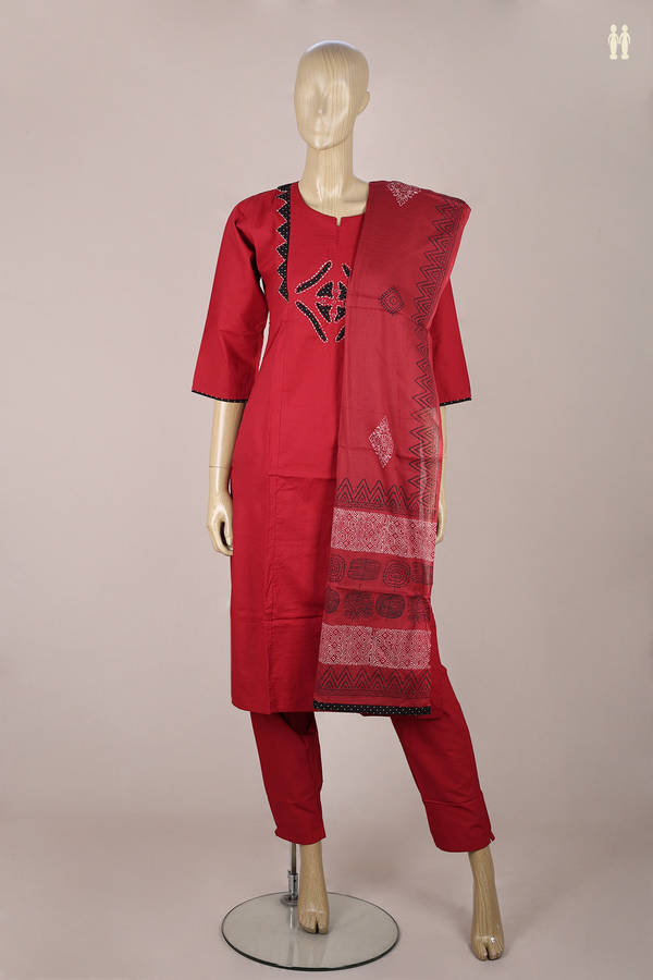 Split Neck Threadwork Design Red Cotton Salwar Set