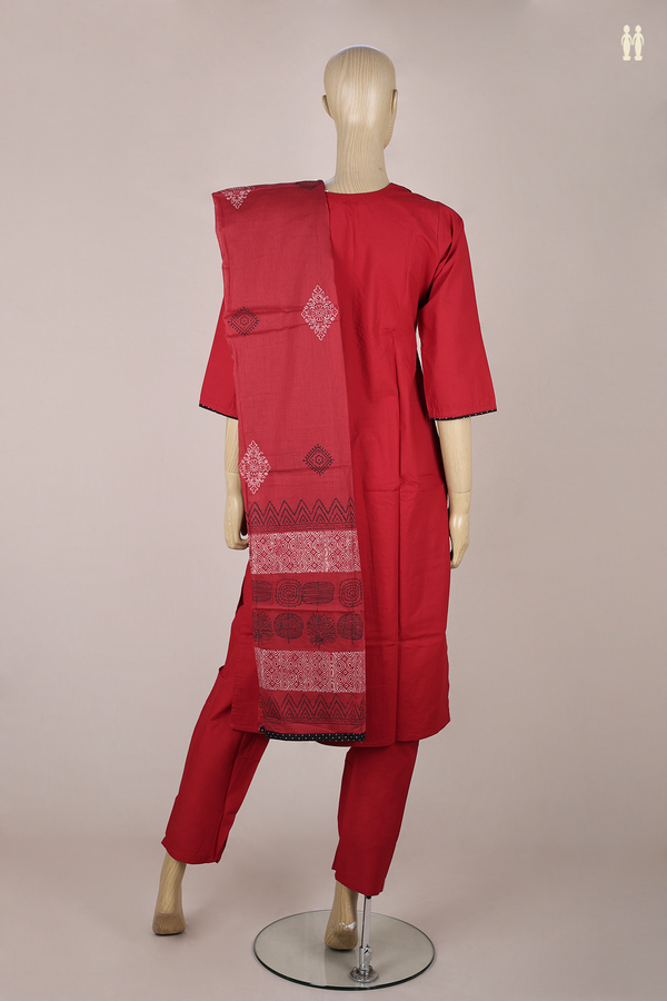 Split Neck Threadwork Design Red Cotton Salwar Set