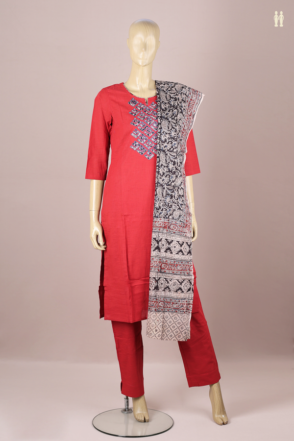 Split Neck Threadwork Design Red Cotton Salwar Set