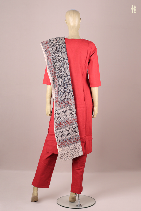 Split Neck Threadwork Design Red Cotton Salwar Set
