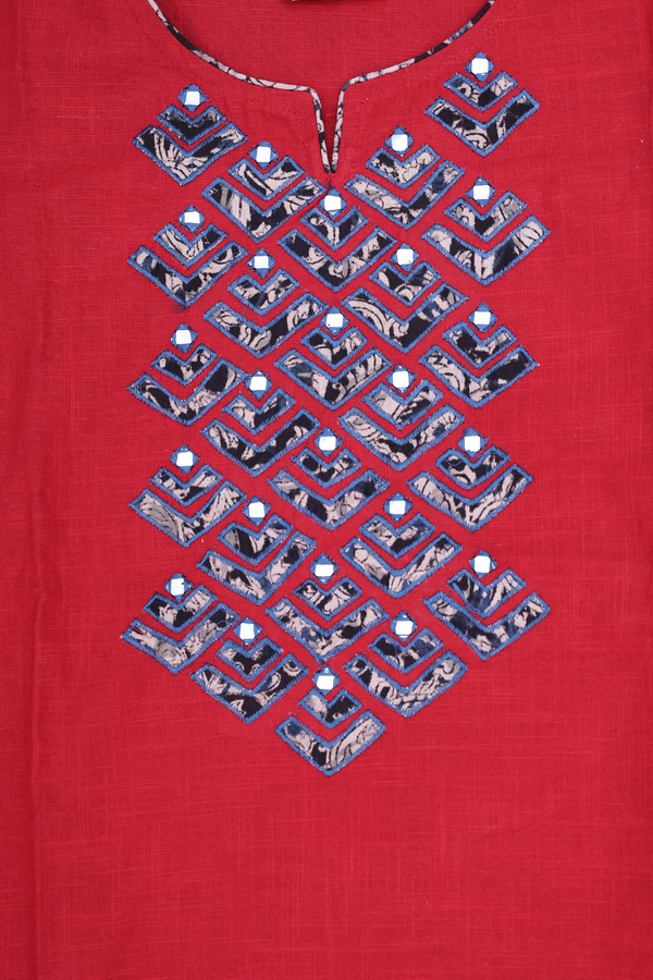 Split Neck Threadwork Design Red Cotton Salwar Set