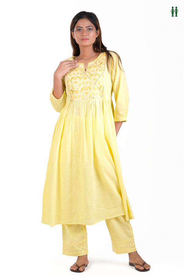 Split Neck Threadwork Design Yellow Cotton Salwar Set