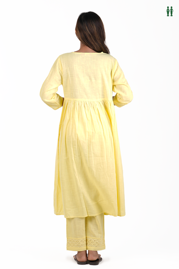 Split Neck Threadwork Design Yellow Cotton Salwar Set