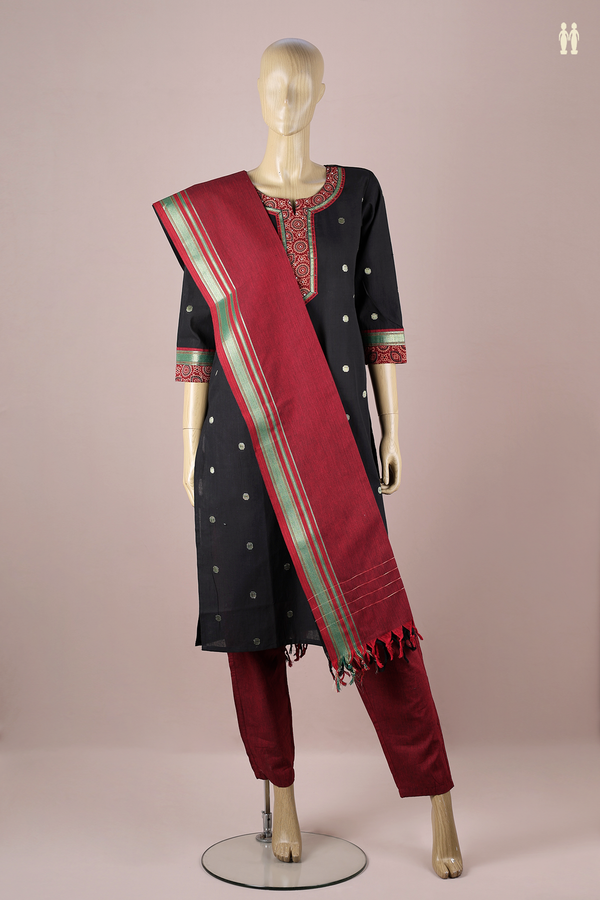 Split Neck Zari Buttas Black Cotton Salwar Set