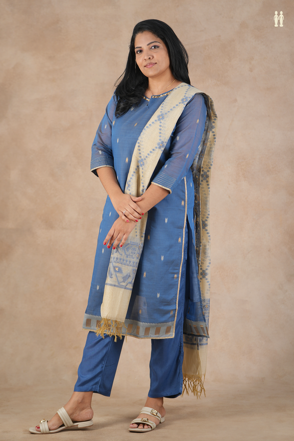 Split Neck Zari Buttas Blue Silk Cotton Salwar Set