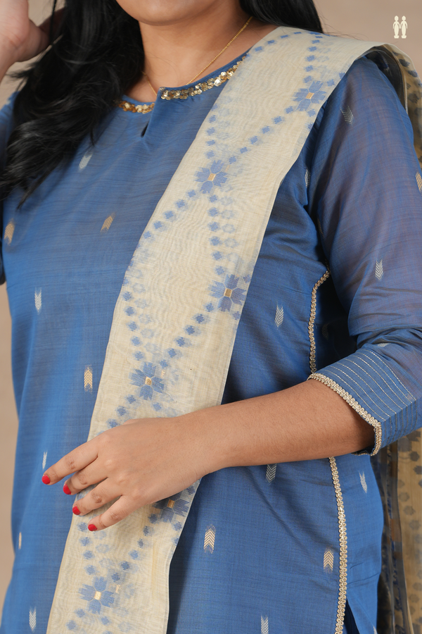 Split Neck Zari Buttas Blue Silk Cotton Salwar Set