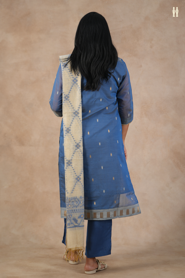 Split Neck Zari Buttas Blue Silk Cotton Salwar Set