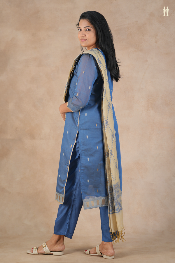 Split Neck Zari Buttas Blue Silk Cotton Salwar Set