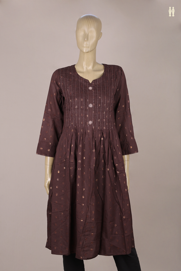 Split Neck Zari Buttas Dark Brown Cotton Long Kurta