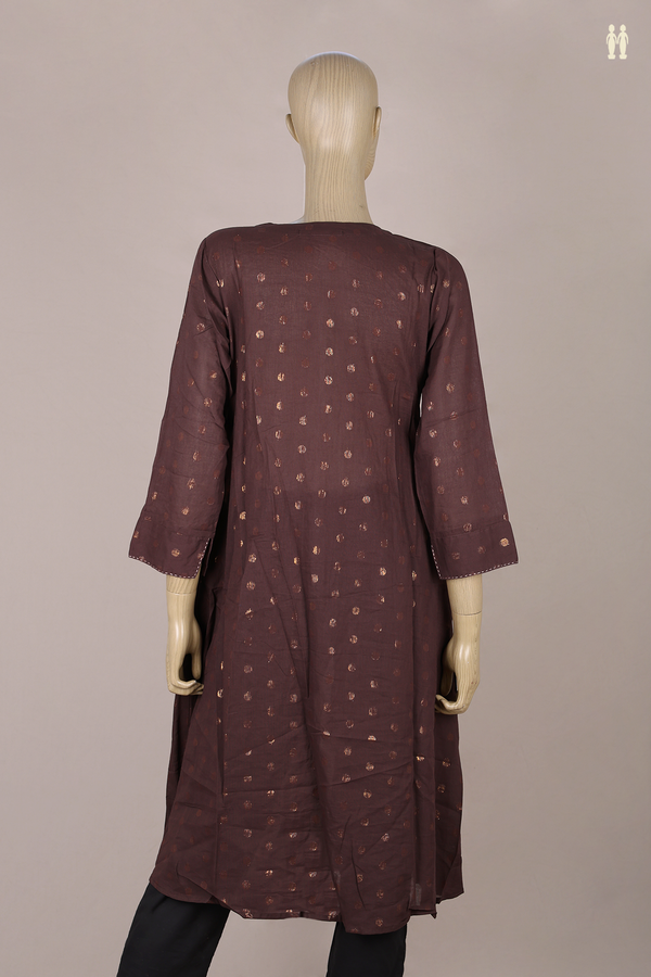 Split Neck Zari Buttas Dark Brown Cotton Long Kurta
