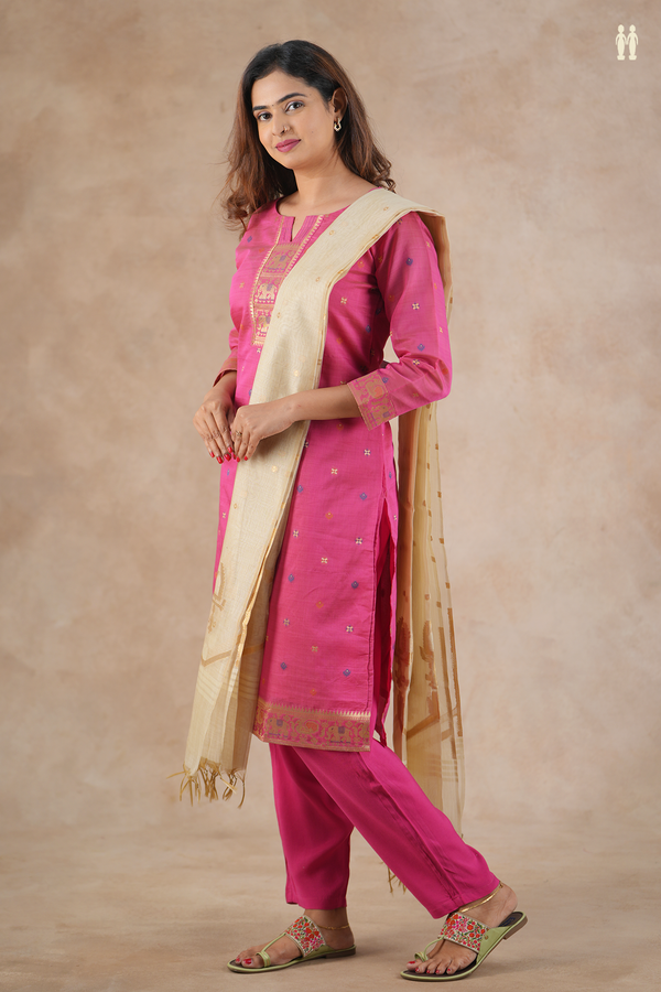 Split Neck Zari Buttas Dark Pink Silk Cotton Salwar Set