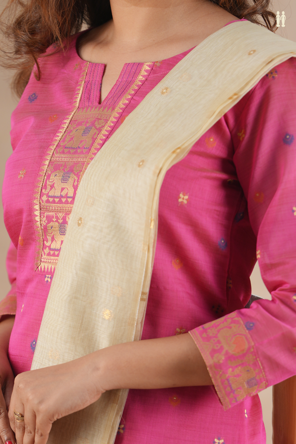 Split Neck Zari Buttas Dark Pink Silk Cotton Salwar Set